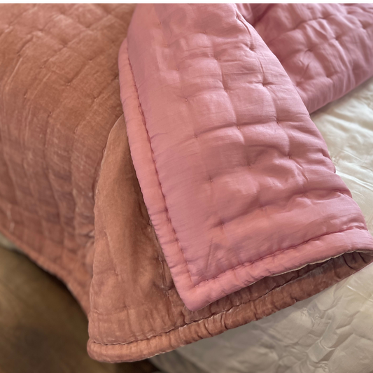 Blush Pink Silk Velvet and Pink Mulberry Silk Quilted Duvet - Box Style
