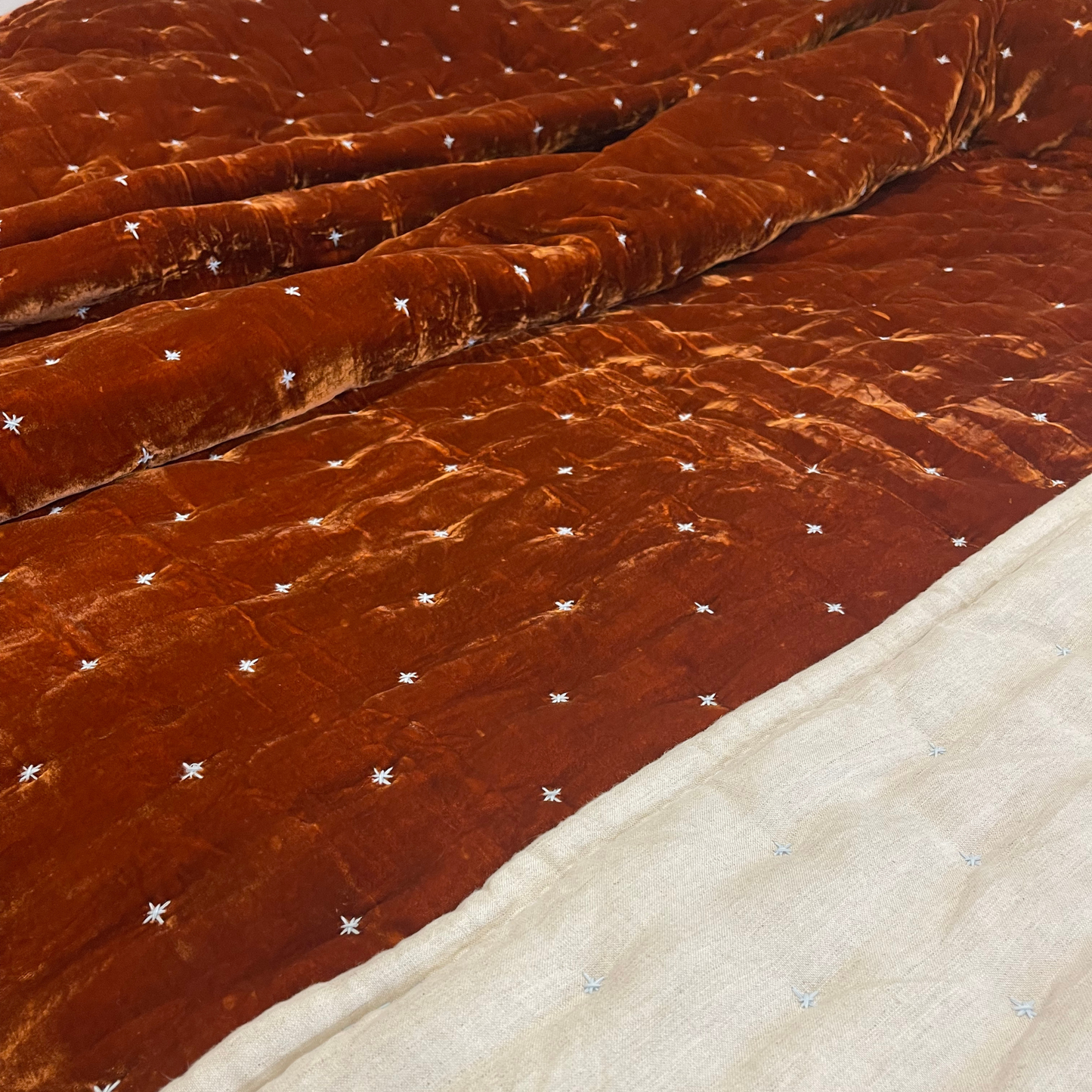 Clay Silk Velvet and Tan Linen Blanket - Best Comforter for Your Bedroom