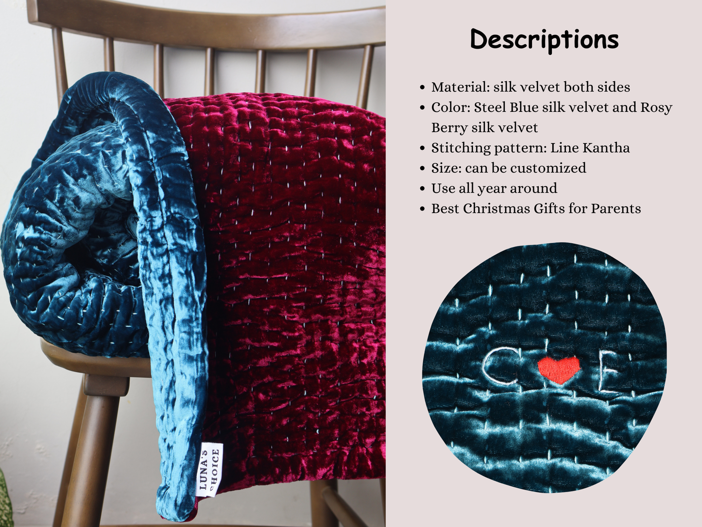 Steel Blue silk velvet and Rosy Berry silk velvet Bedspread - Line Kantha