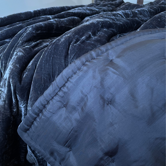 Slate Gray Silk Velvet and Dark Gray Mulberry Silk Quilted Duvet - Starry Pattern