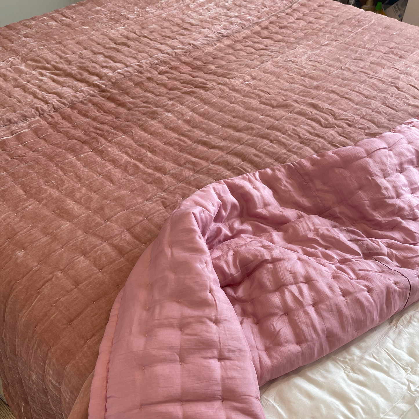Blush Pink Silk Velvet and Pink Mulberry Silk Quilted Duvet - Box Style
