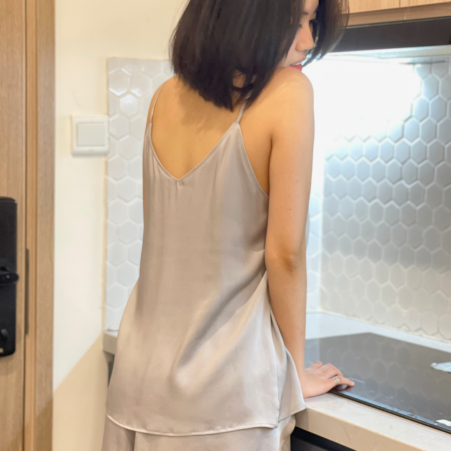Light Gray Charmeuse Silk Tank top and Short Set - Silk Loungewear