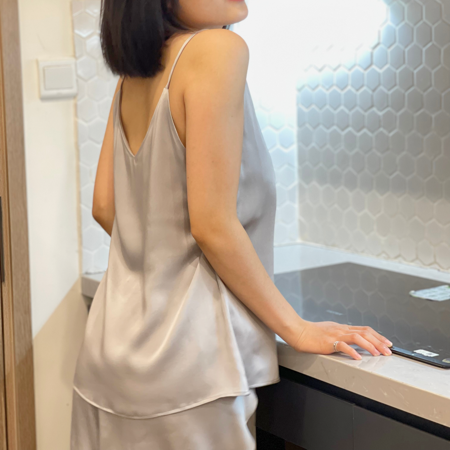 Light Gray Charmeuse Silk Tank top and Short Set - Silk Loungewear