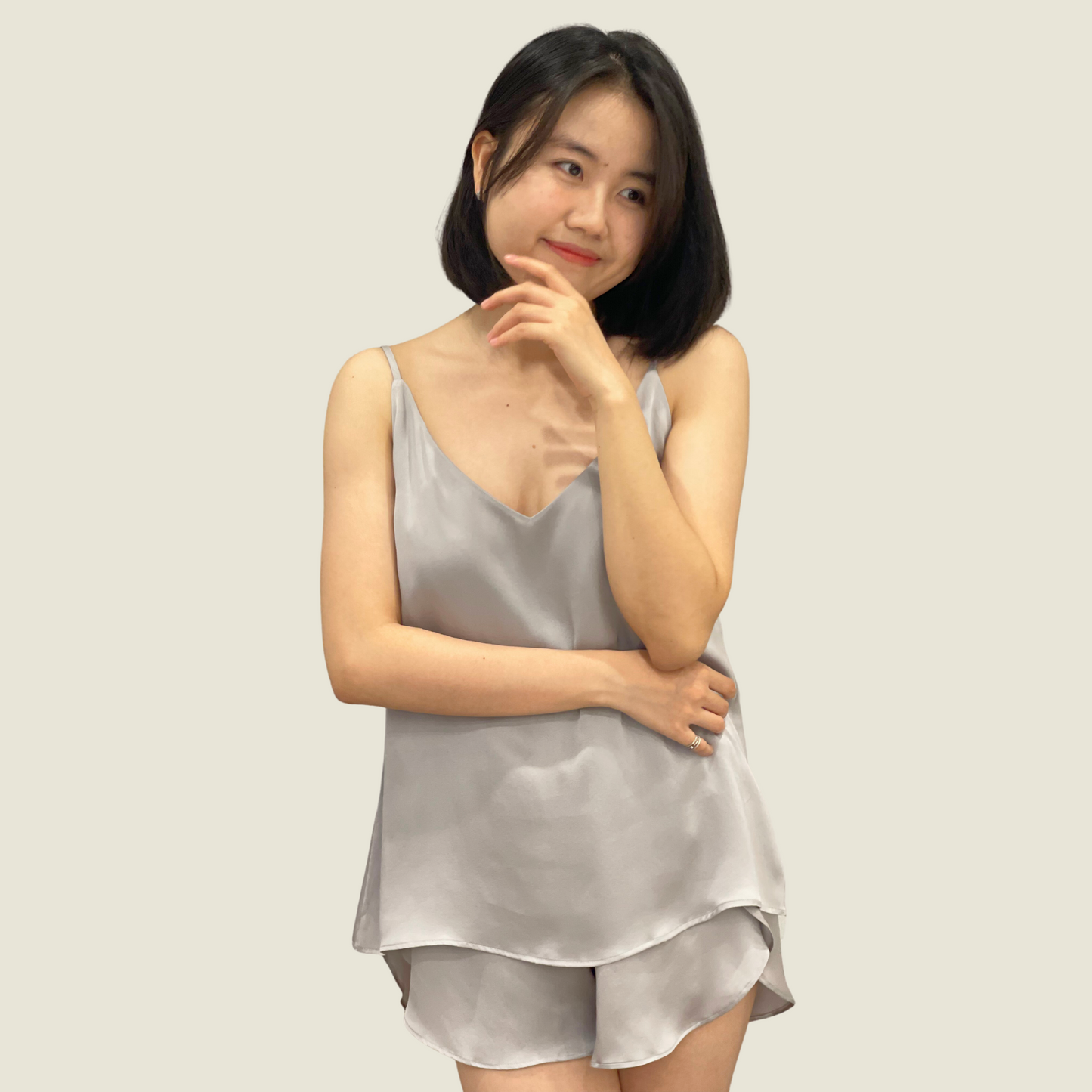 Light Gray Charmeuse Silk Tank top and Short Set - Silk Loungewear