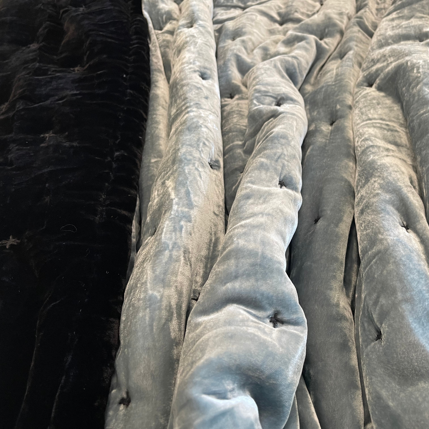Silk Velvet Bedding Set - Black silk velvet and Pewter Blue silk velvet