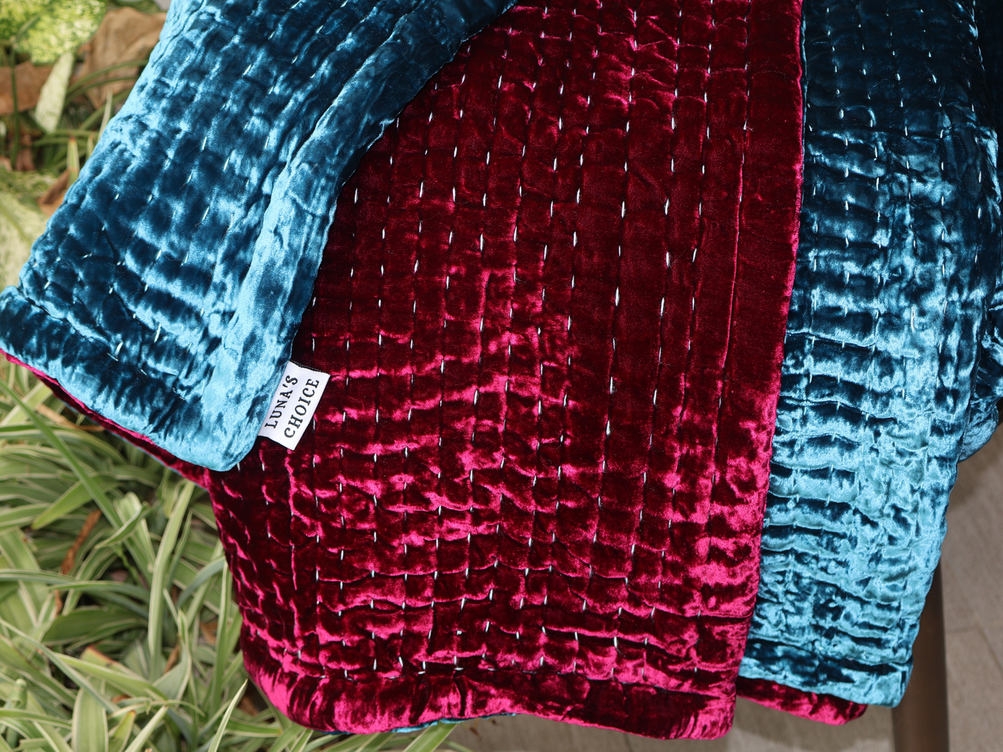 Steel Blue silk velvet and Rosy Berry silk velvet Bedspread - Line Kantha