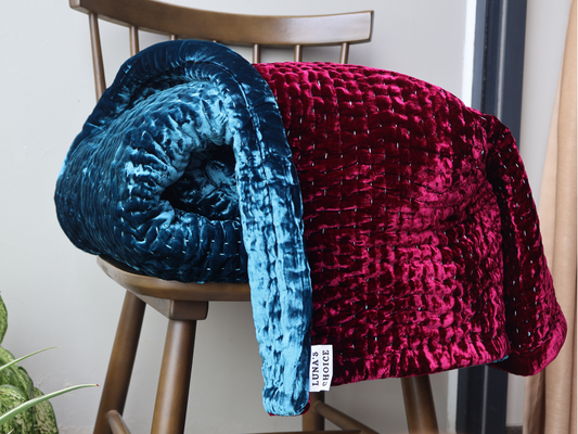 Steel Blue silk velvet and Rosy Berry silk velvet Bedspread - Line Kantha
