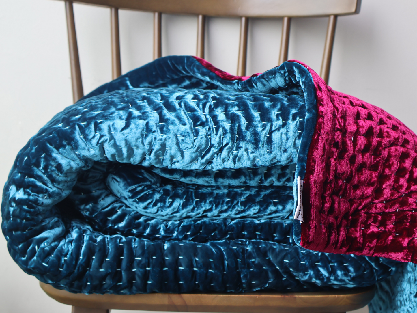 Steel Blue silk velvet and Rosy Berry silk velvet Bedspread - Line Kantha