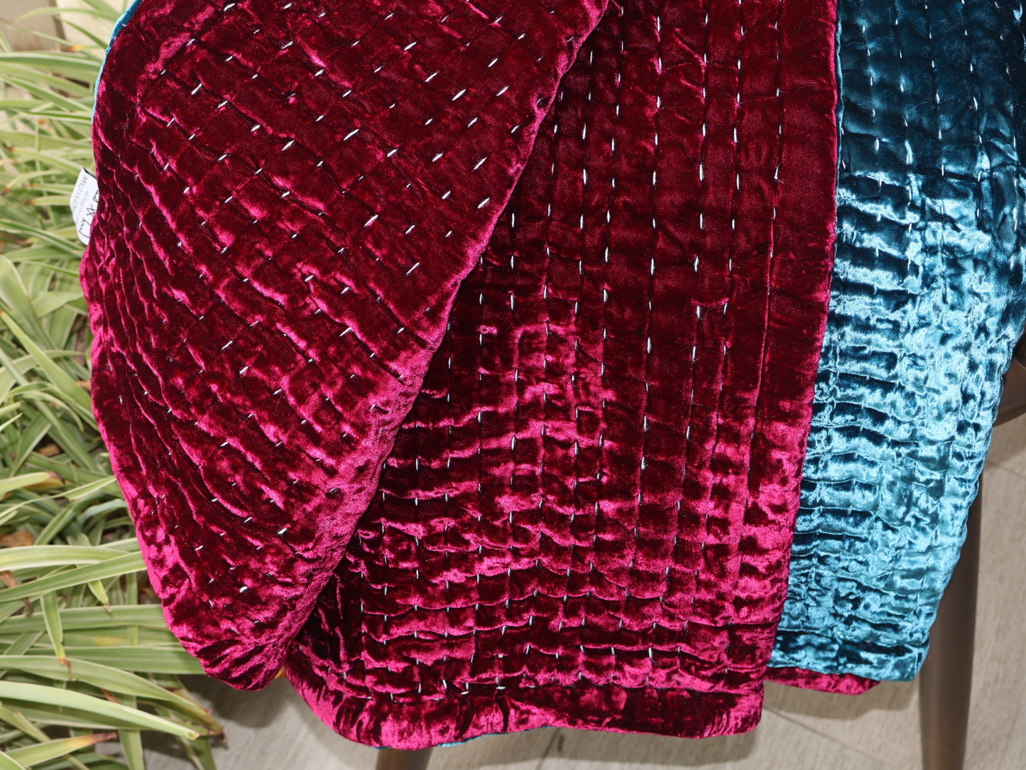 Steel Blue silk velvet and Rosy Berry silk velvet Bedspread - Line Kantha