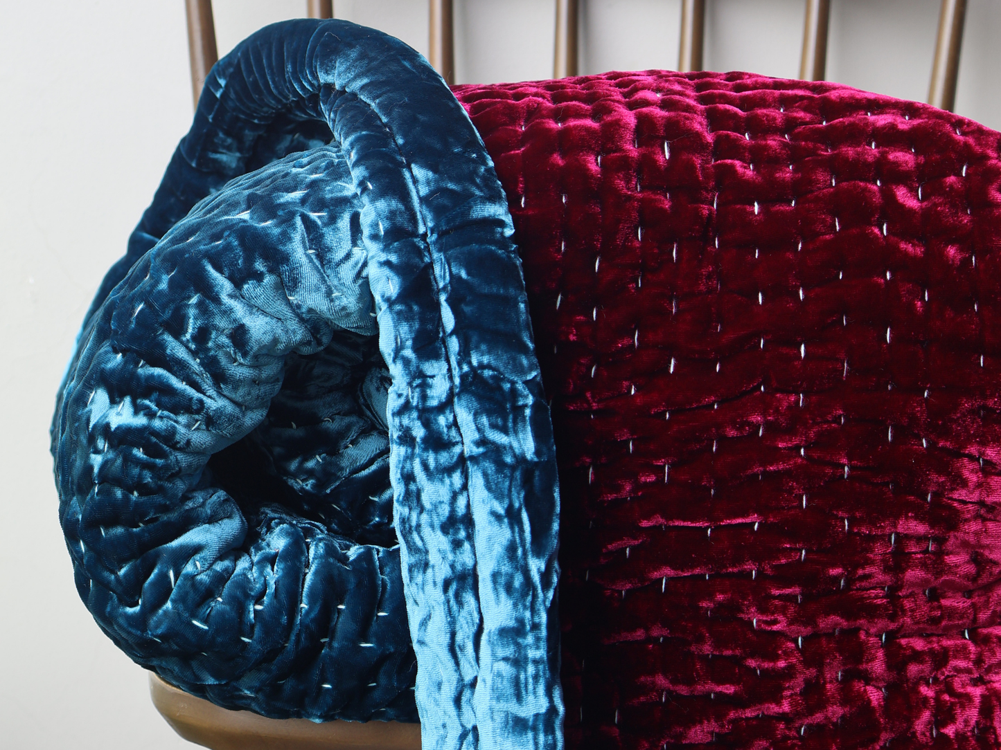 Steel Blue silk velvet and Rosy Berry silk velvet Bedspread - Line Kantha