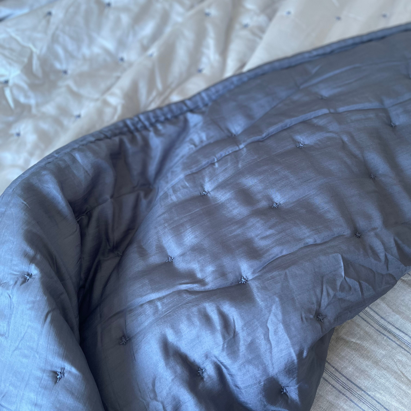 Slate Gray Silk Velvet and Dark Gray Mulberry Silk Quilted Duvet - Starry Pattern